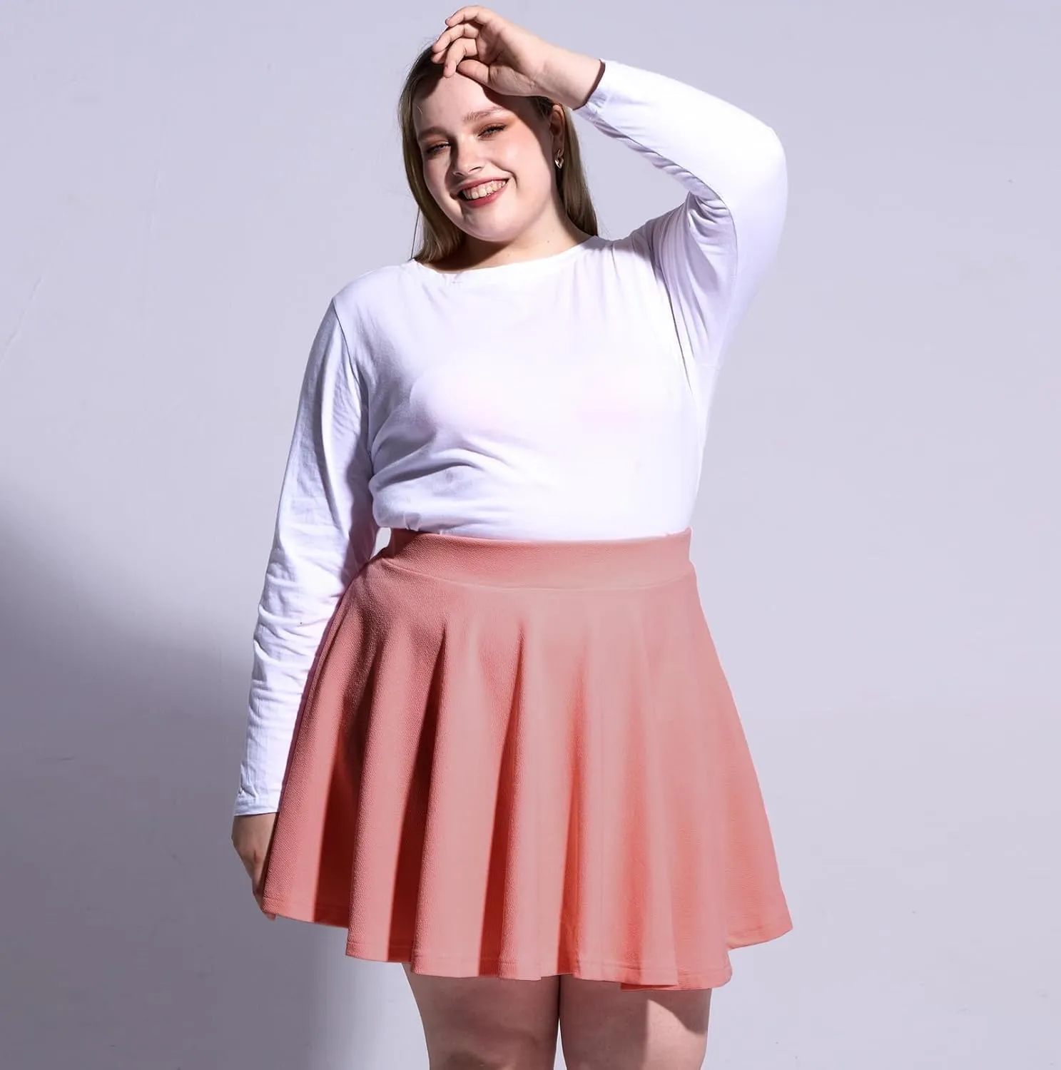 Moon Wood Women's Plus Size Mini Skater Skirt- Basic Versatile High Waisted Flared Casual Stretchy Skirts