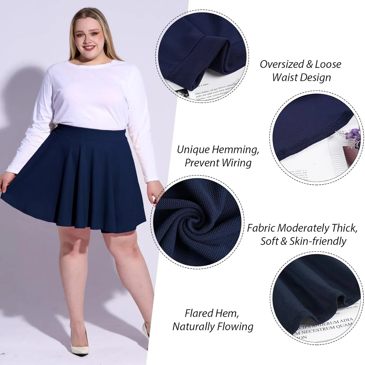 Moon Wood Women's Plus Size Mini Skater Skirt- Basic Versatile High Waisted Flared Casual Stretchy Skirts