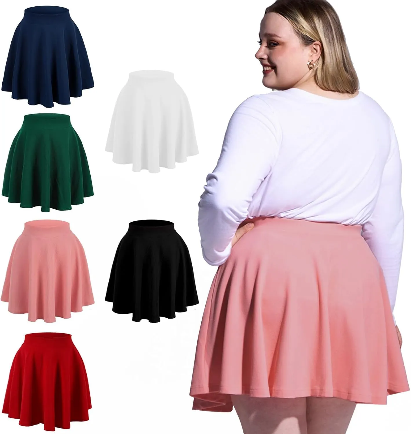 Moon Wood Women's Plus Size Mini Skater Skirt- Basic Versatile High Waisted Flared Casual Stretchy Skirts