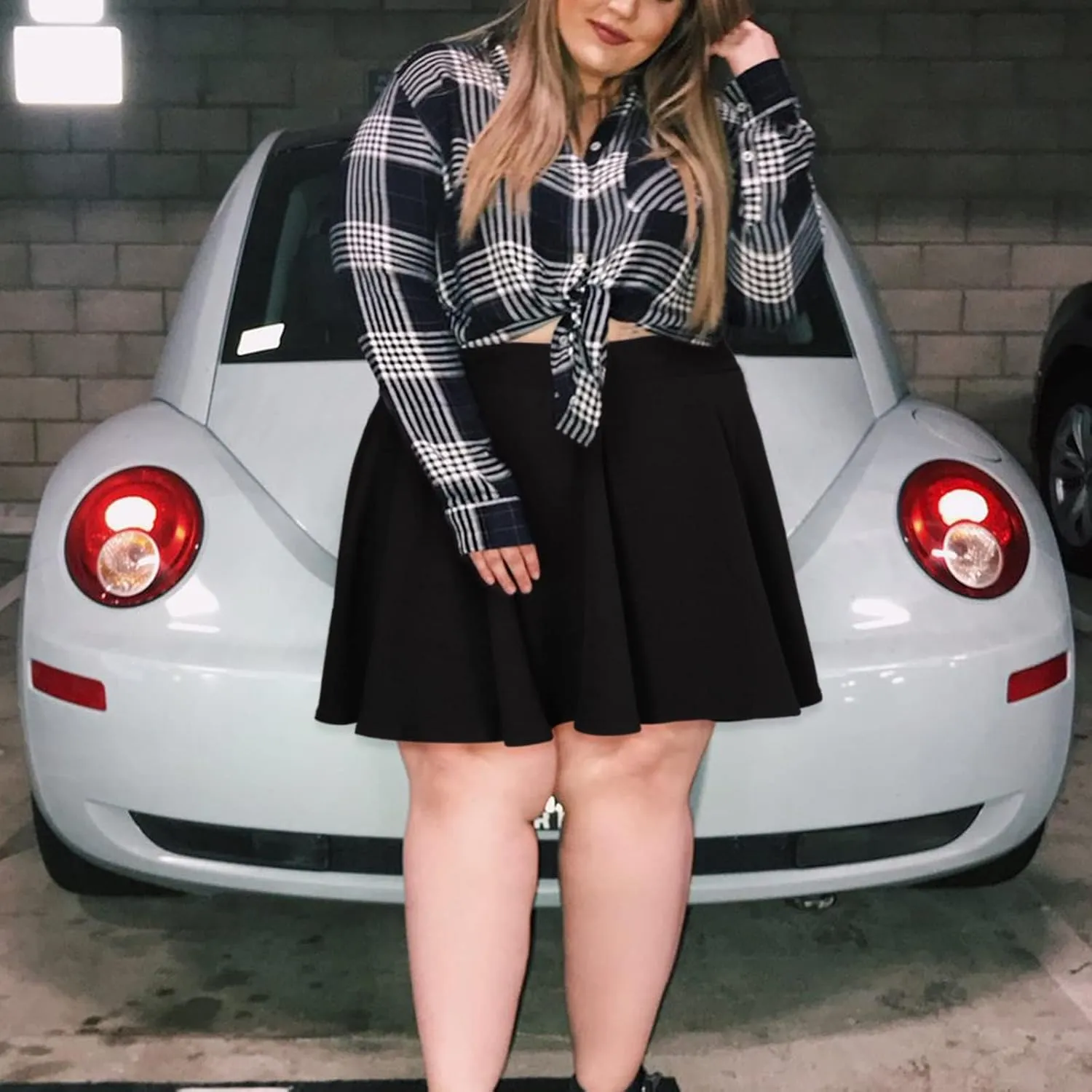 Moon Wood Women's Plus Size Mini Skater Skirt- Basic Versatile High Waisted Flared Casual Stretchy Skirts