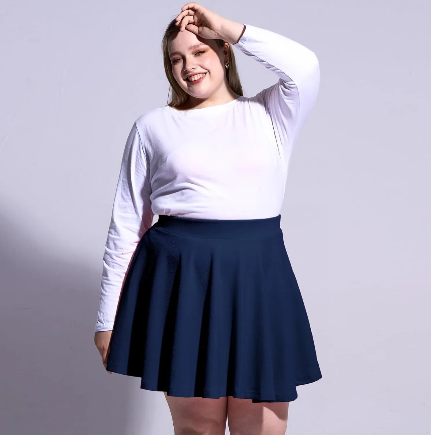 Moon Wood Women's Plus Size Mini Skater Skirt- Basic Versatile High Waisted Flared Casual Stretchy Skirts