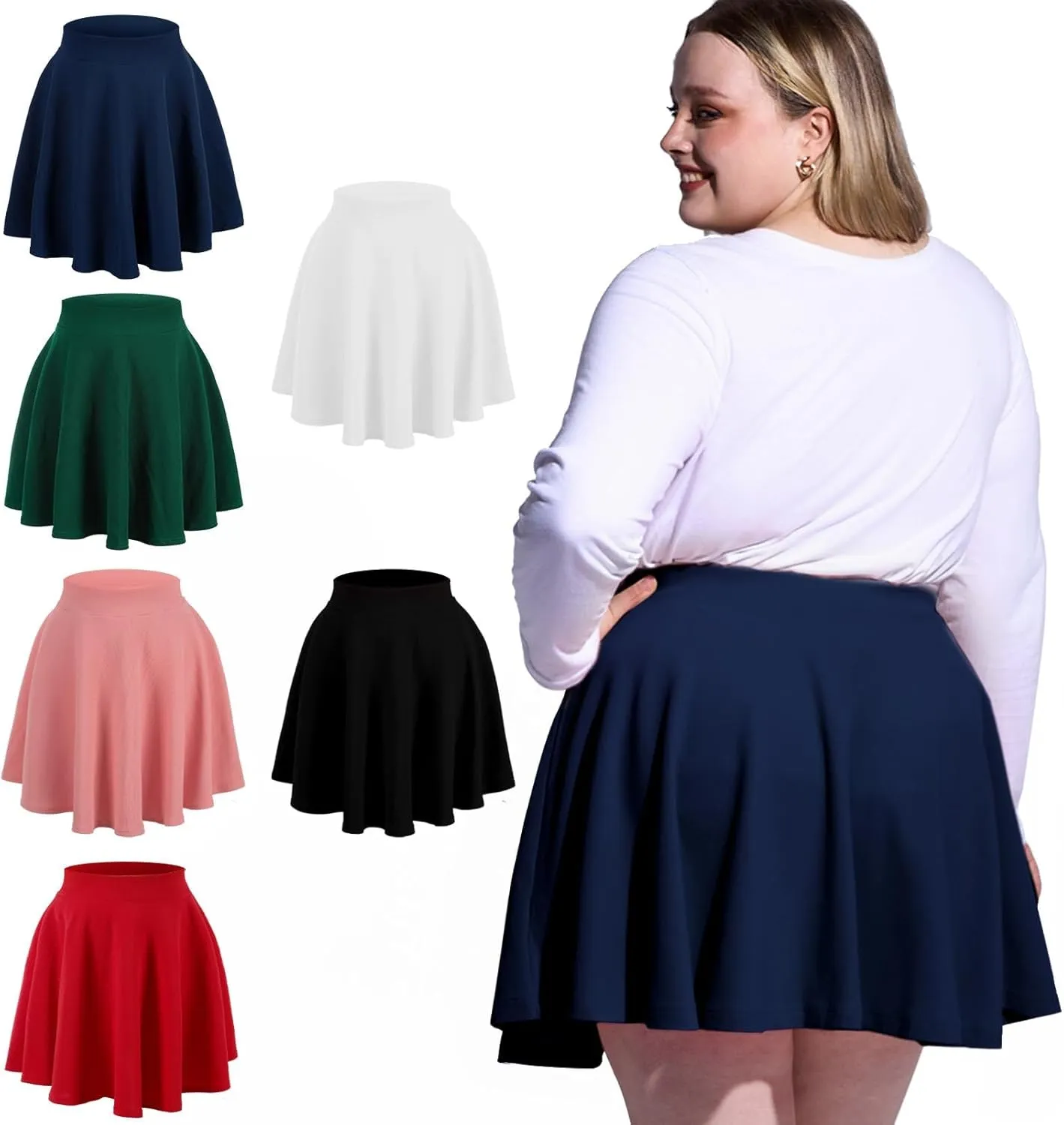 Moon Wood Women's Plus Size Mini Skater Skirt- Basic Versatile High Waisted Flared Casual Stretchy Skirts