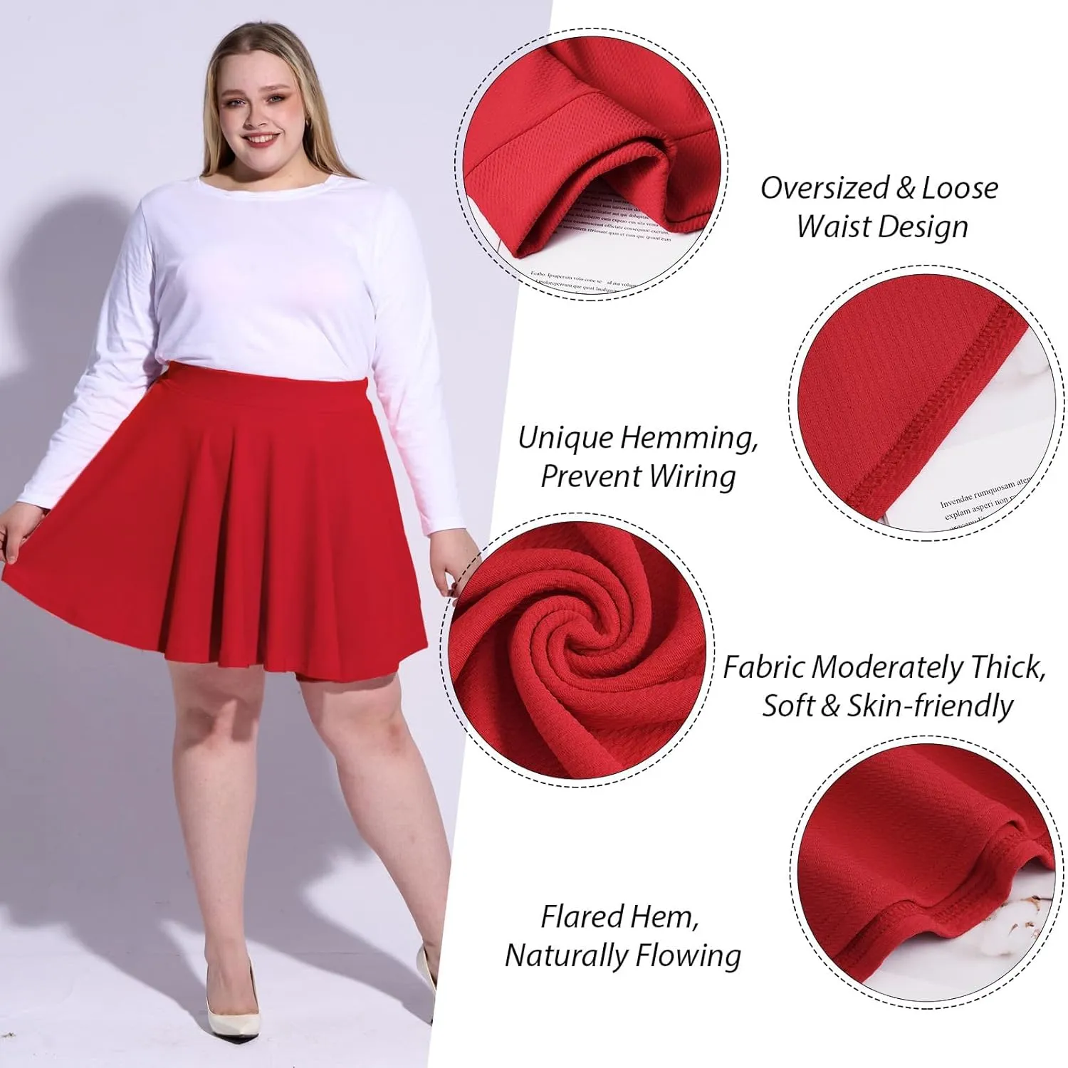 Moon Wood Women's Plus Size Mini Skater Skirt- Basic Versatile High Waisted Flared Casual Stretchy Skirts