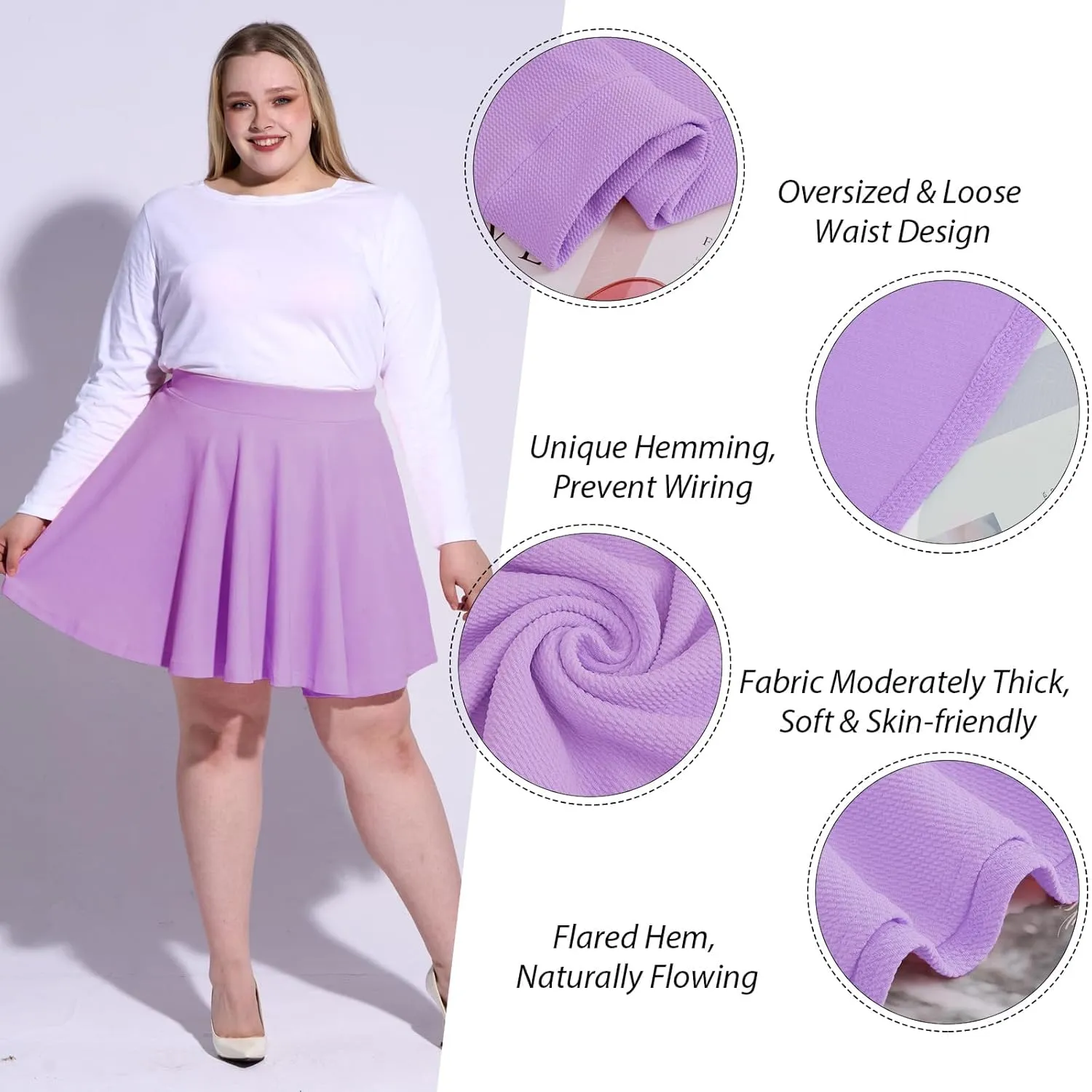 Moon Wood Women's Plus Size Mini Skater Skirt- Basic Versatile High Waisted Flared Casual Stretchy Skirts