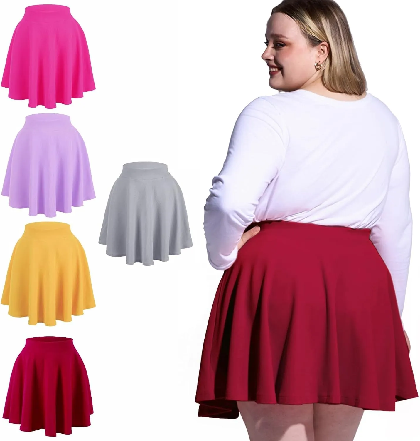 Moon Wood Women's Plus Size Mini Skater Skirt- Basic Versatile High Waisted Flared Casual Stretchy Skirts