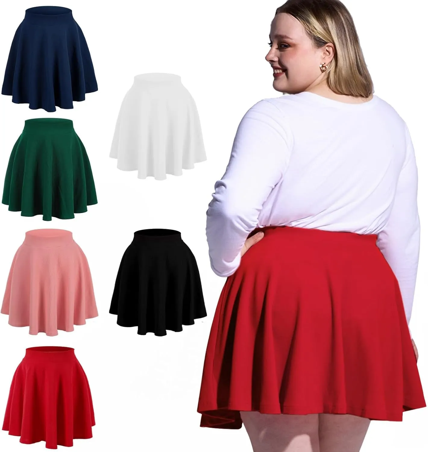 Moon Wood Women's Plus Size Mini Skater Skirt- Basic Versatile High Waisted Flared Casual Stretchy Skirts
