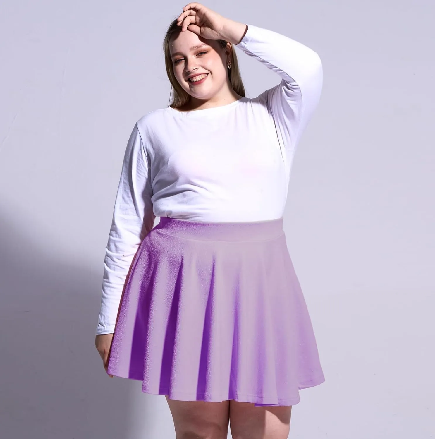 Moon Wood Women's Plus Size Mini Skater Skirt- Basic Versatile High Waisted Flared Casual Stretchy Skirts