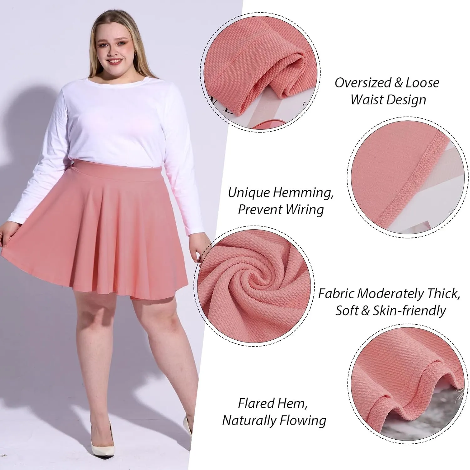 Moon Wood Women's Plus Size Mini Skater Skirt- Basic Versatile High Waisted Flared Casual Stretchy Skirts