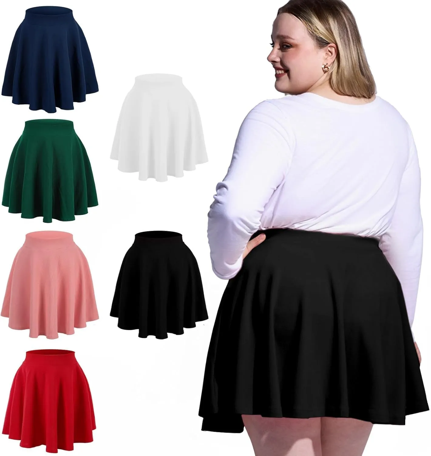 Moon Wood Women's Plus Size Mini Skater Skirt- Basic Versatile High Waisted Flared Casual Stretchy Skirts