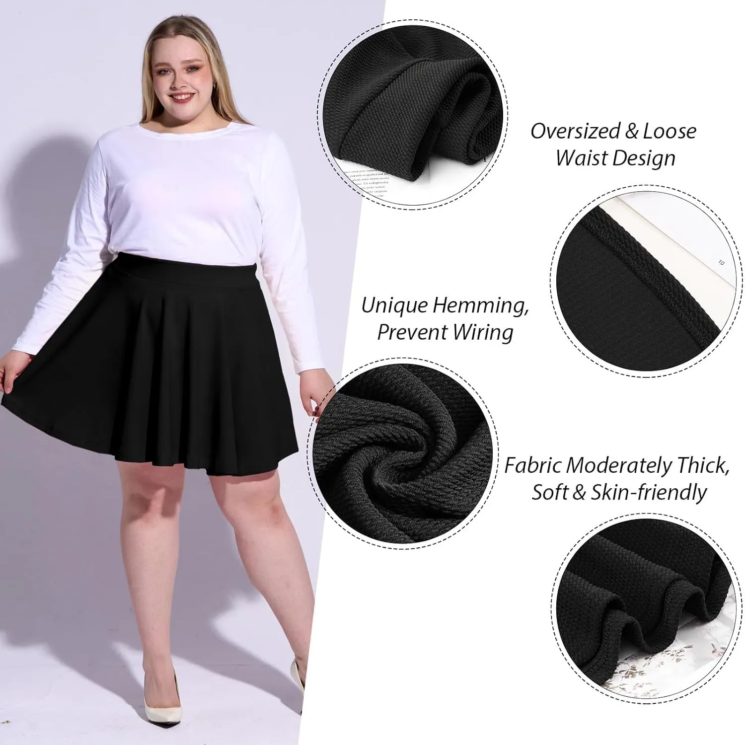 Moon Wood Women's Plus Size Mini Skater Skirt- Basic Versatile High Waisted Flared Casual Stretchy Skirts