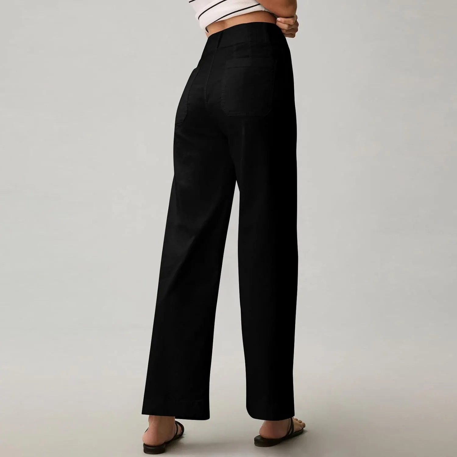 NBXNZWF Womens Wide Leg Cropped Pants Stretch Twill Jeans with Patch Pocket Straight Leg High Waisted Chino Casual Jeans