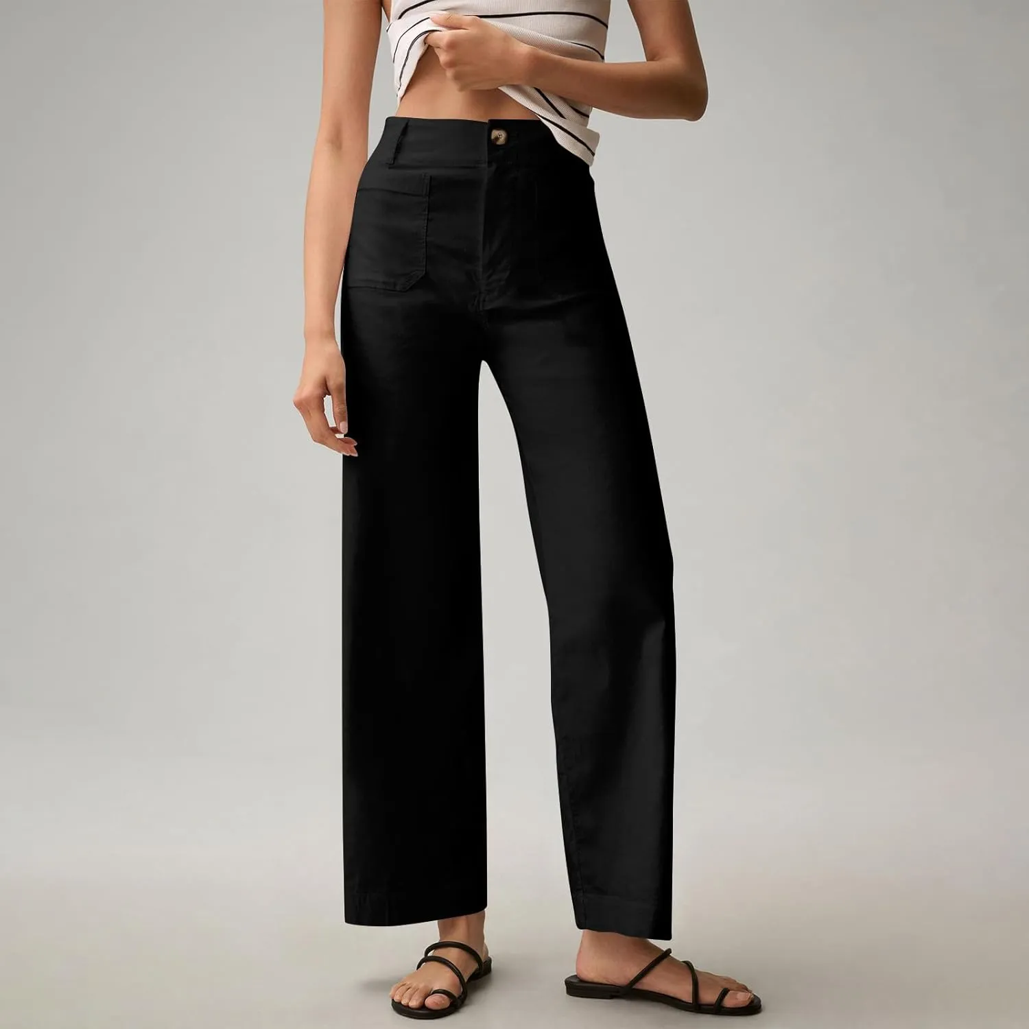 NBXNZWF Womens Wide Leg Cropped Pants Stretch Twill Jeans with Patch Pocket Straight Leg High Waisted Chino Casual Jeans