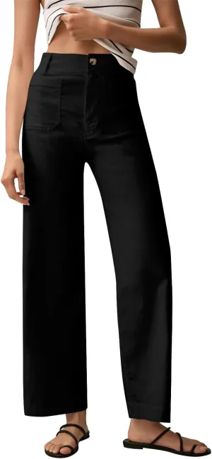 NBXNZWF Womens Wide Leg Cropped Pants Stretch Twill Jeans with Patch Pocket Straight Leg High Waisted Chino Casual Jeans