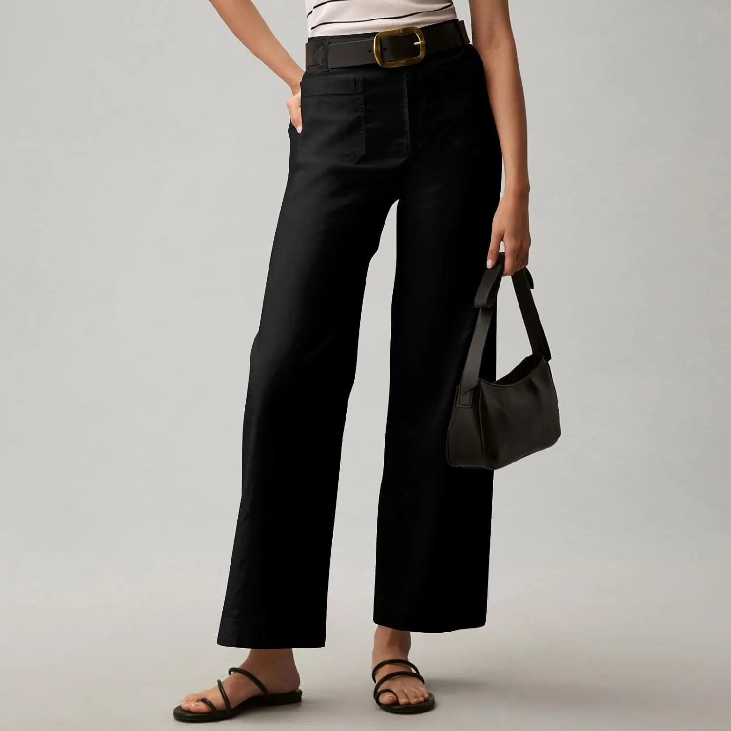 NBXNZWF Womens Wide Leg Cropped Pants Stretch Twill Jeans with Patch Pocket Straight Leg High Waisted Chino Casual Jeans
