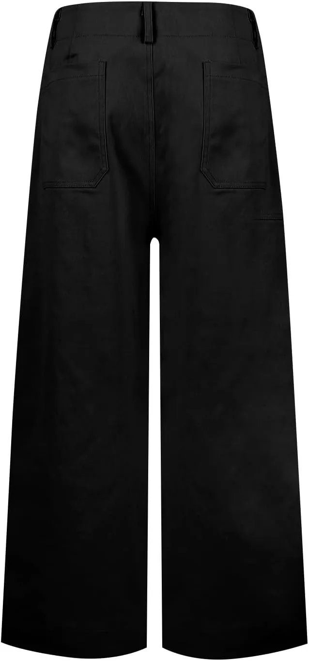 NBXNZWF Womens Wide Leg Cropped Pants Stretch Twill Jeans with Patch Pocket Straight Leg High Waisted Chino Casual Jeans