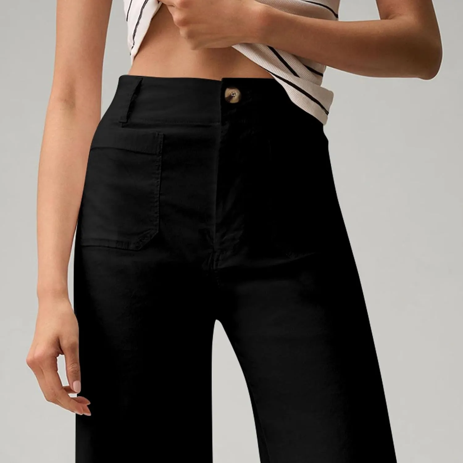 NBXNZWF Womens Wide Leg Cropped Pants Stretch Twill Jeans with Patch Pocket Straight Leg High Waisted Chino Casual Jeans