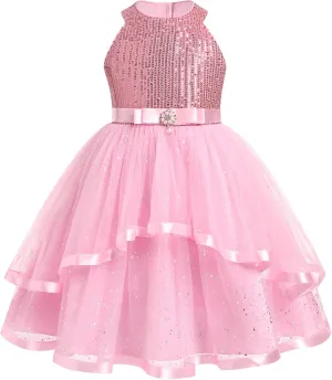 OBEEII Toddler Girls Pageant Dress Princess Sequin Tulle Tutu Dress Birthday Party Photoshoot Dress Glitter Flower Girl Dress