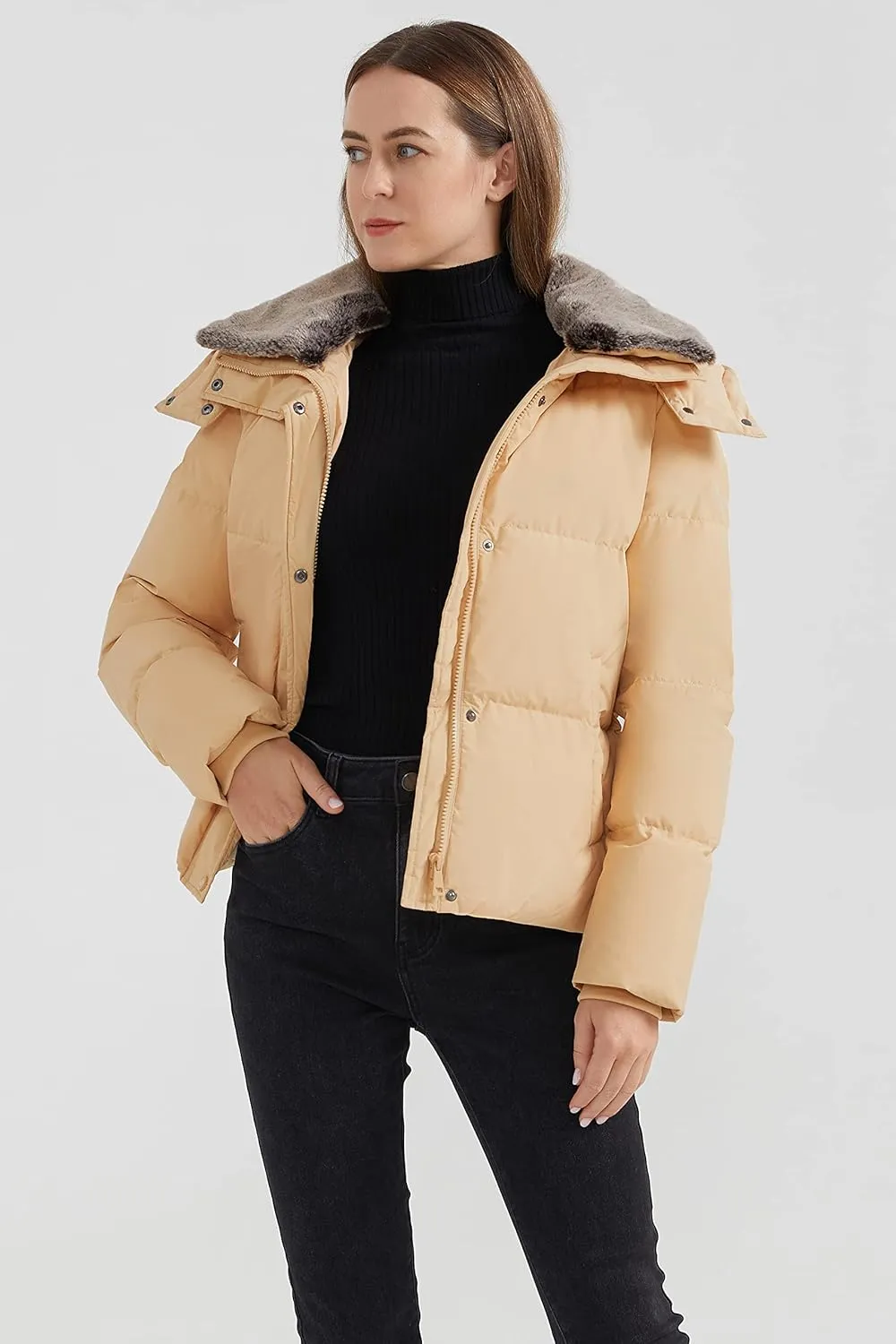 Orolay Women's Puffer Down Jacket Cropped Winter Down Coat with Detachable Faux Fur Collar