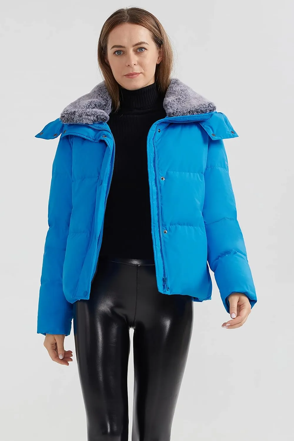 Orolay Women's Puffer Down Jacket Cropped Winter Down Coat with Detachable Faux Fur Collar