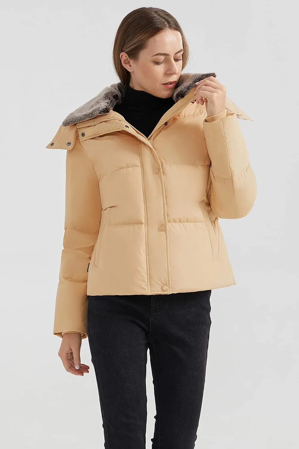 Orolay Women's Puffer Down Jacket Cropped Winter Down Coat with Detachable Faux Fur Collar