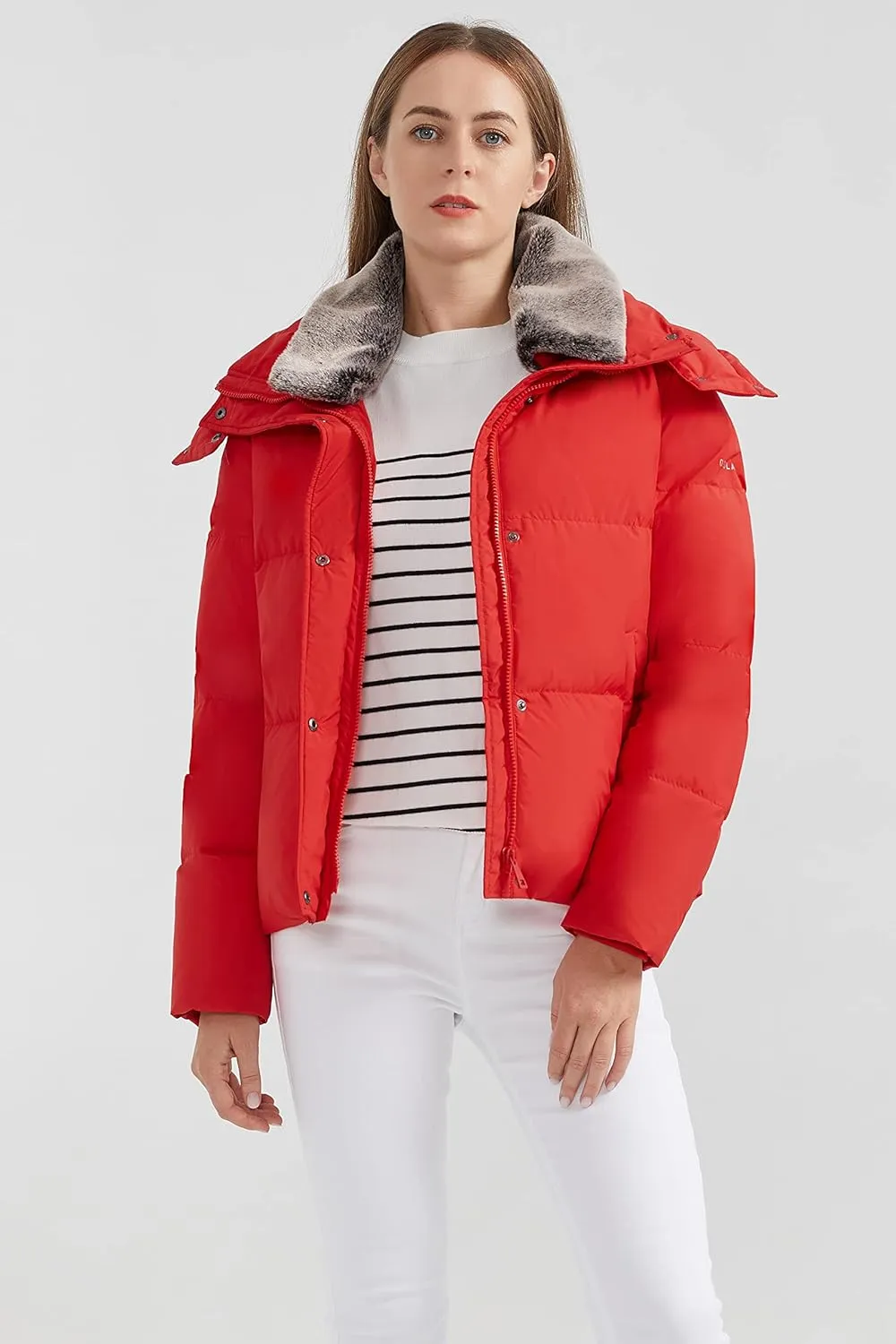 Orolay Women's Puffer Down Jacket Cropped Winter Down Coat with Detachable Faux Fur Collar