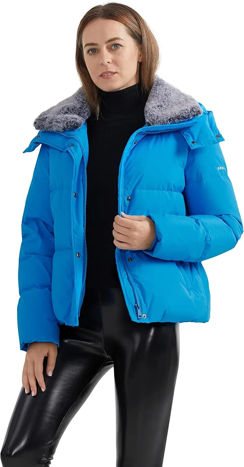 Orolay Women's Puffer Down Jacket Cropped Winter Down Coat with Detachable Faux Fur Collar