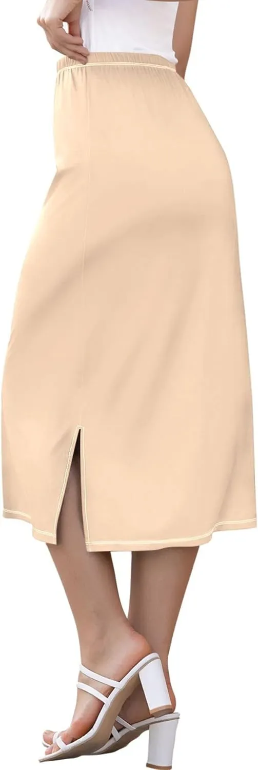 Peach Puff Side Slit Midi Skirt Womens Cute Pencil Skirt High Waist Stretch Ladies Skirts