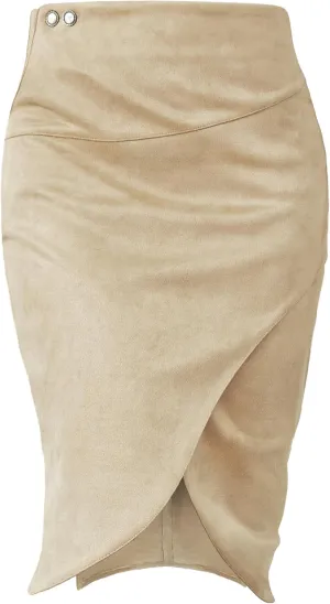 Pencil Skirt for Women with Slit Tummy Control High Waist Wrap Suede Skirt Office Work Skirt with Pocket