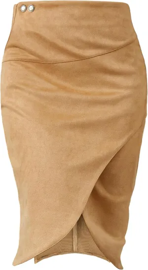 Pencil Skirt for Women with Slit Tummy Control High Waist Wrap Suede Skirt Office Work Skirt with Pocket