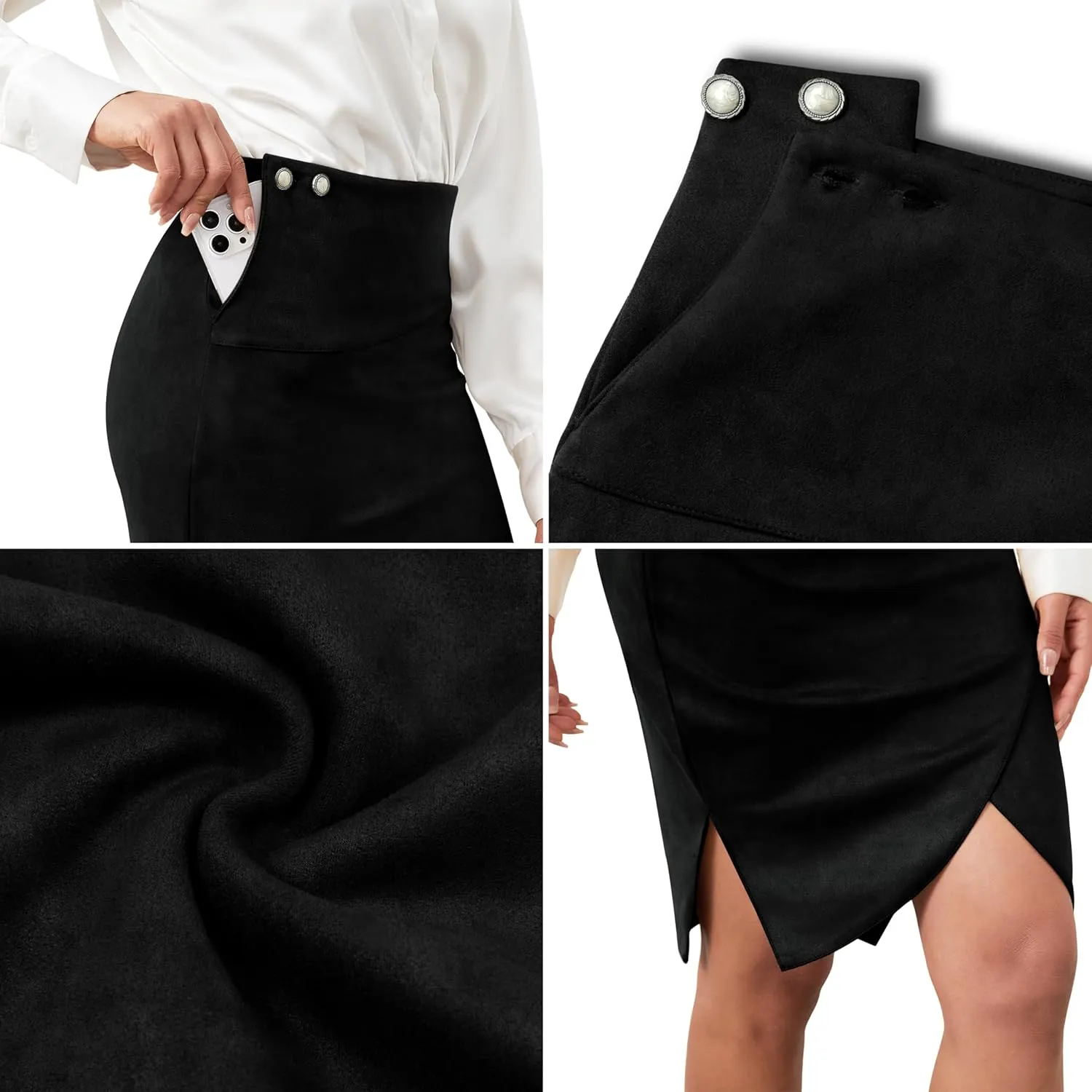 Pencil Skirt for Women with Slit Tummy Control High Waist Wrap Suede Skirt Office Work Skirt with Pocket