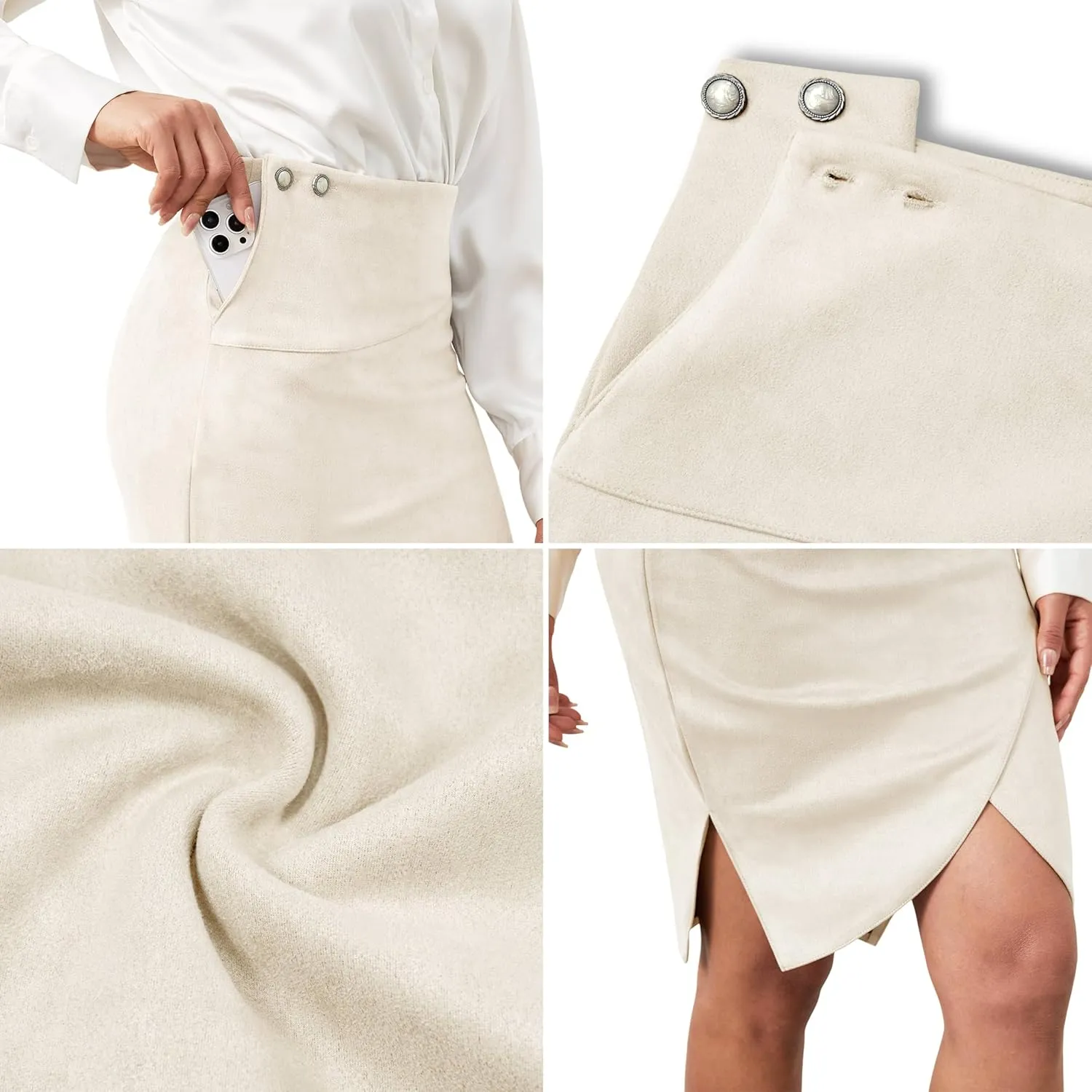 Pencil Skirt for Women with Slit Tummy Control High Waist Wrap Suede Skirt Office Work Skirt with Pocket