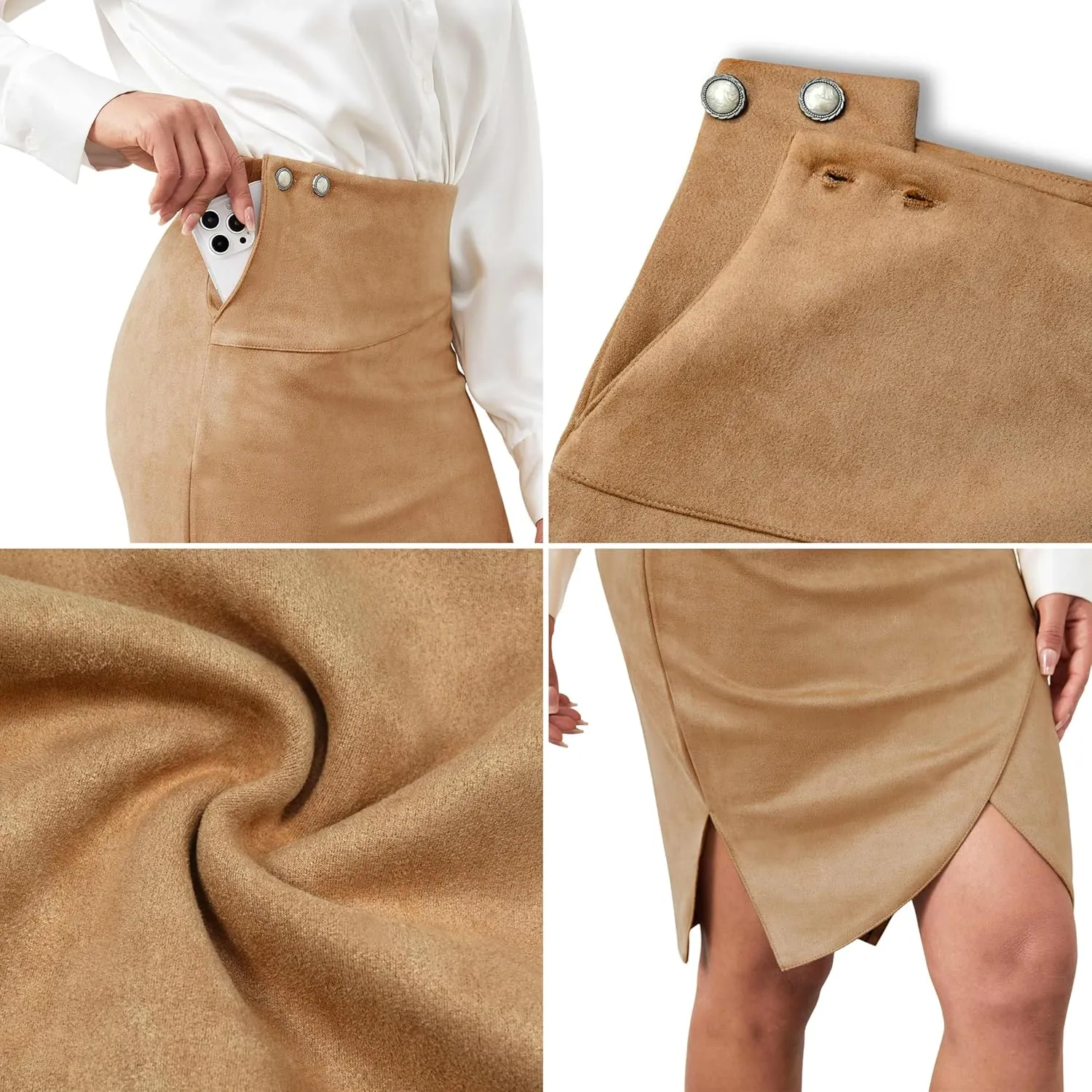 Pencil Skirt for Women with Slit Tummy Control High Waist Wrap Suede Skirt Office Work Skirt with Pocket