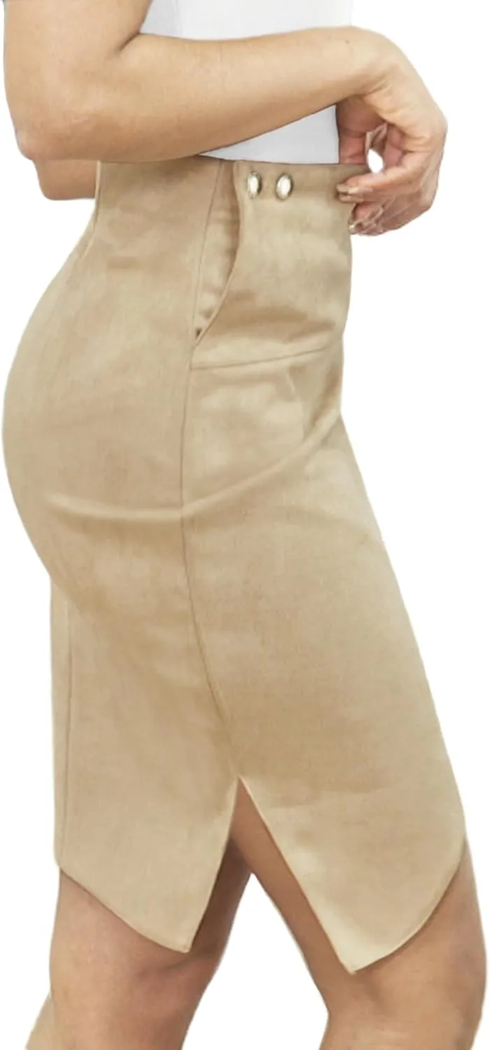 Pencil Skirt for Women with Slit Tummy Control High Waist Wrap Suede Skirt Office Work Skirt with Pocket