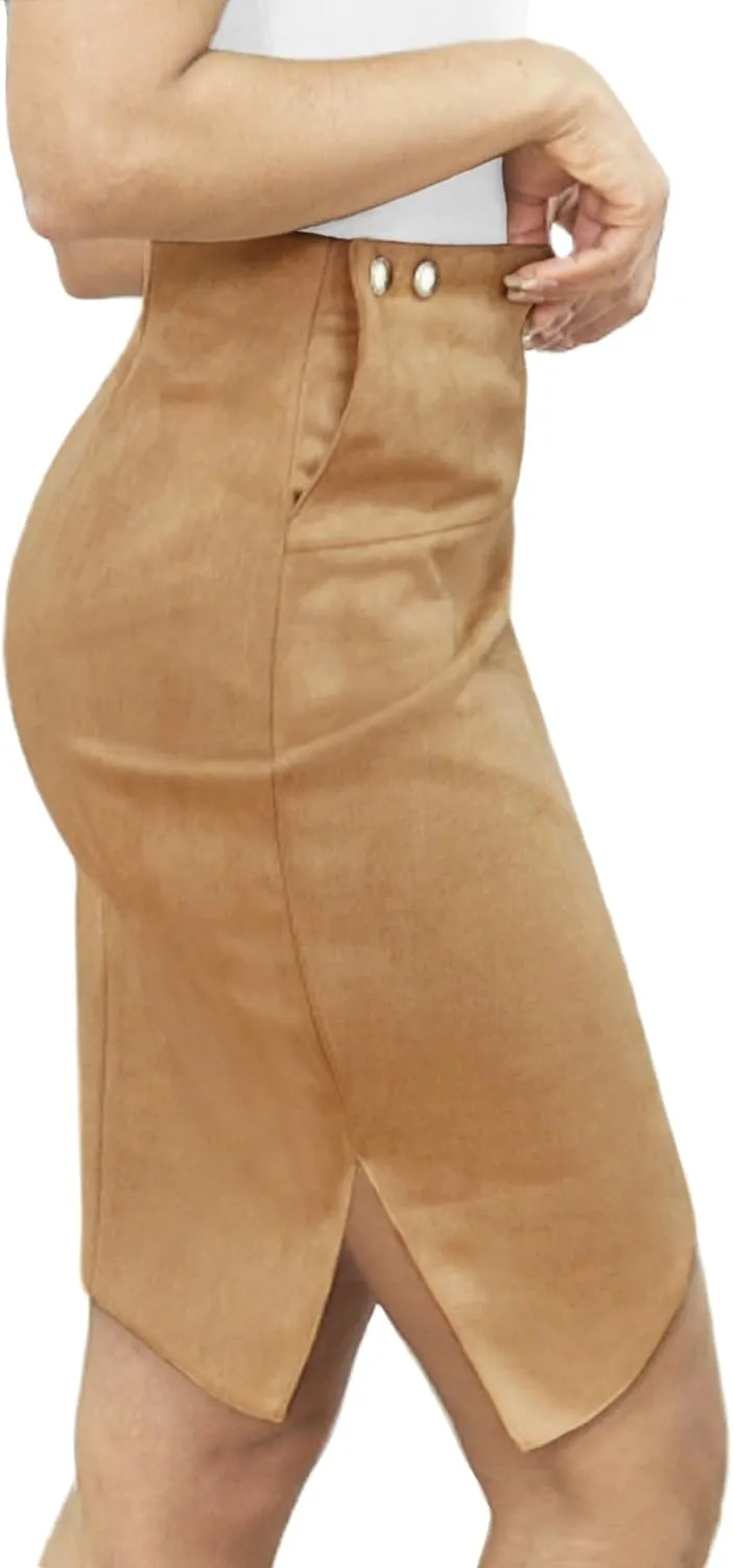 Pencil Skirt for Women with Slit Tummy Control High Waist Wrap Suede Skirt Office Work Skirt with Pocket