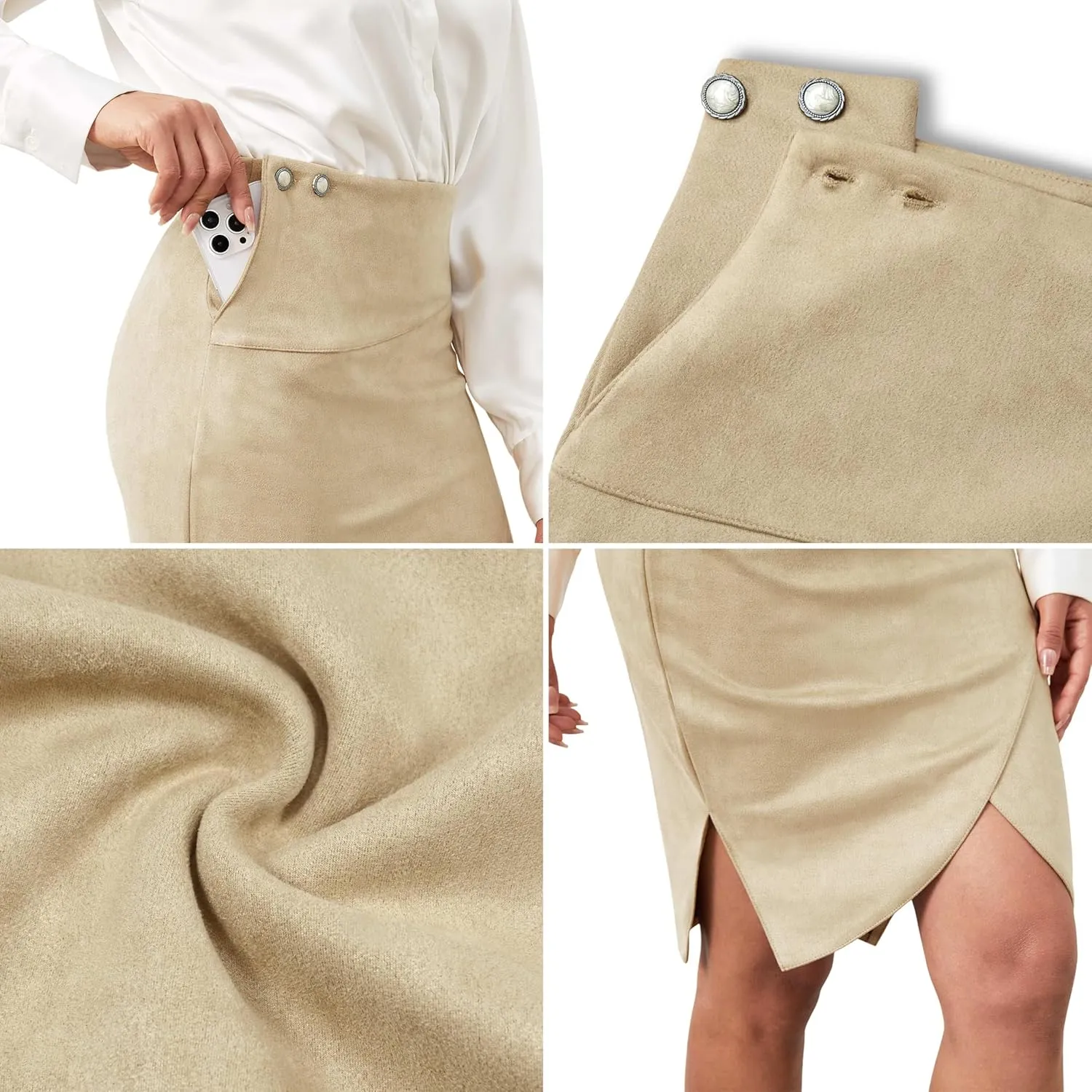 Pencil Skirt for Women with Slit Tummy Control High Waist Wrap Suede Skirt Office Work Skirt with Pocket