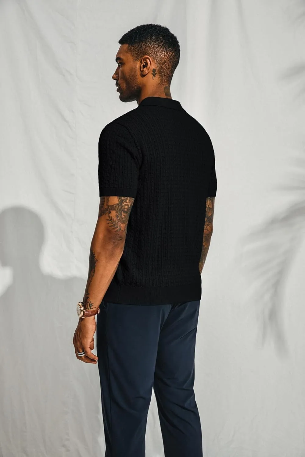 PJ PAUL JONES Mens Knit Polo Shirt Short Sleeve Hollow Out Knit Shirt Texture Knitted Polo