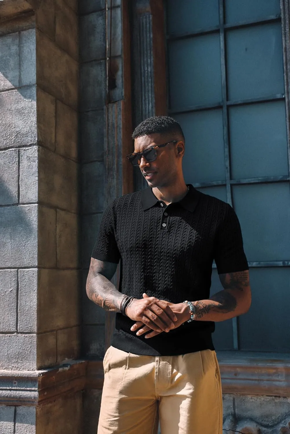 PJ PAUL JONES Mens Knit Polo Shirt Short Sleeve Hollow Out Knit Shirt Texture Knitted Polo