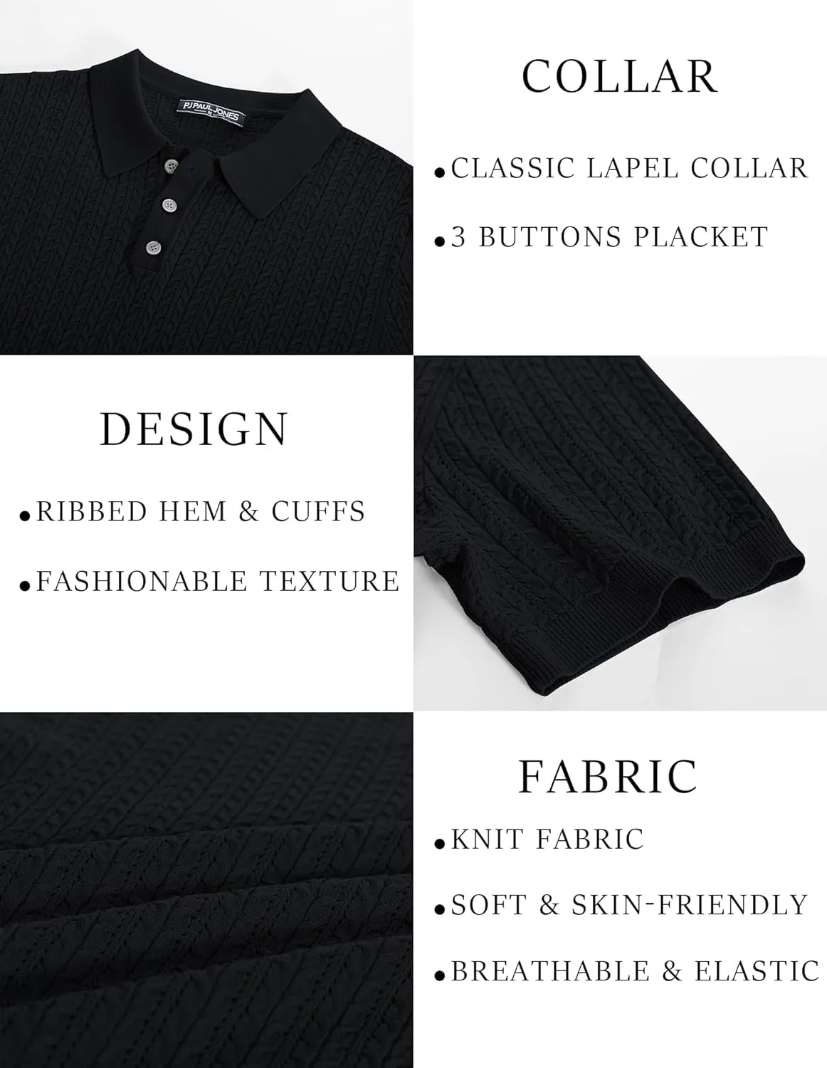 PJ PAUL JONES Mens Knit Polo Shirt Short Sleeve Hollow Out Knit Shirt Texture Knitted Polo