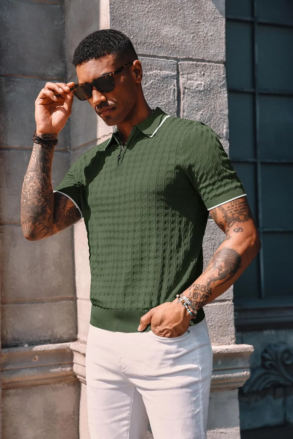 PJ PAUL JONES Men's Knit Polo Shirts Short Sleeve Quarter Zip Polo Shirt