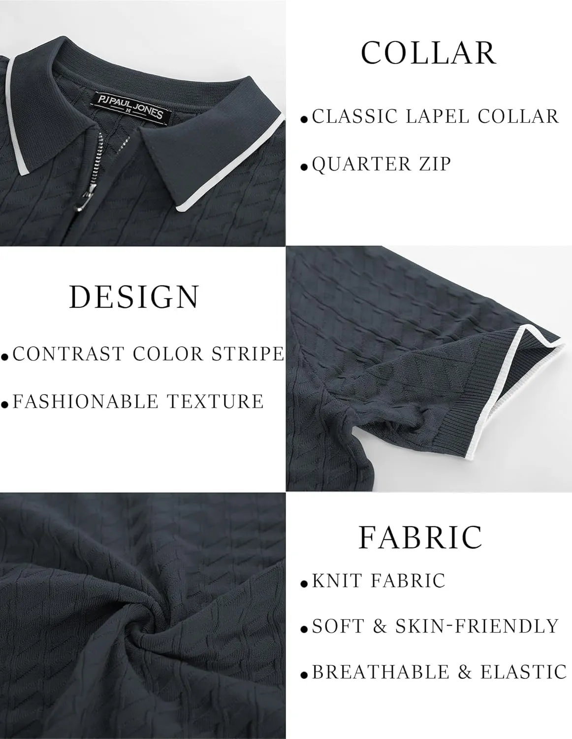 PJ PAUL JONES Men's Knit Polo Shirts Short Sleeve Quarter Zip Polo Shirt