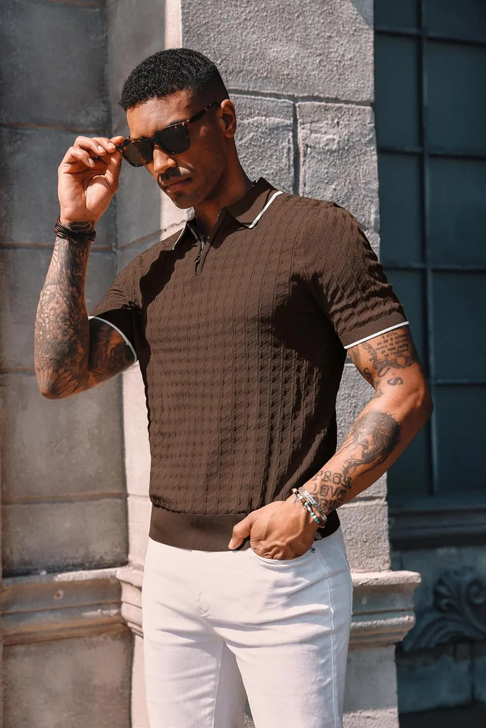 PJ PAUL JONES Men's Knit Polo Shirts Short Sleeve Quarter Zip Polo Shirt