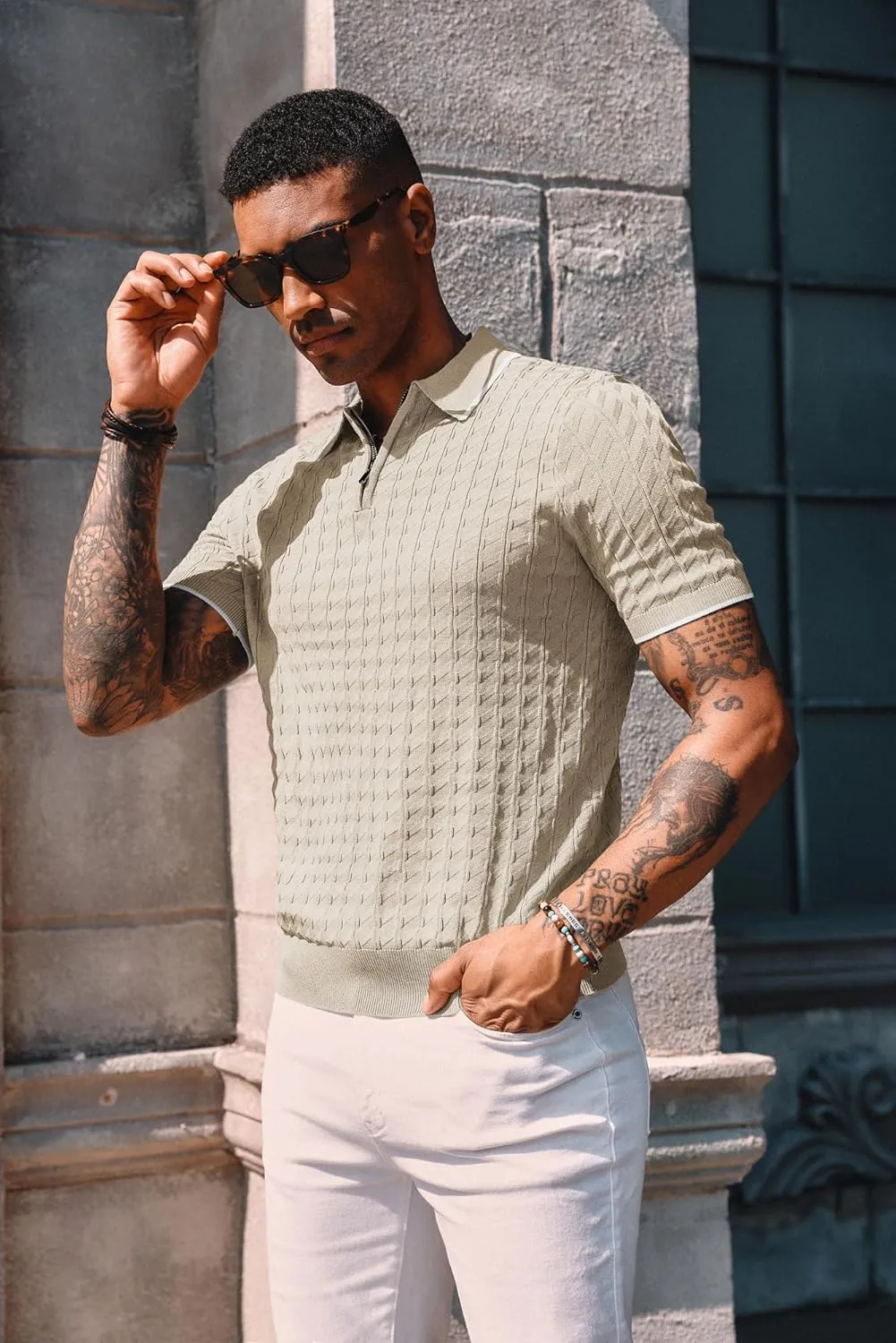 PJ PAUL JONES Men's Knit Polo Shirts Short Sleeve Quarter Zip Polo Shirt