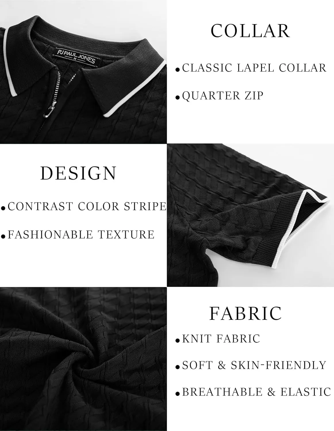 PJ PAUL JONES Men's Knit Polo Shirts Short Sleeve Quarter Zip Polo Shirt