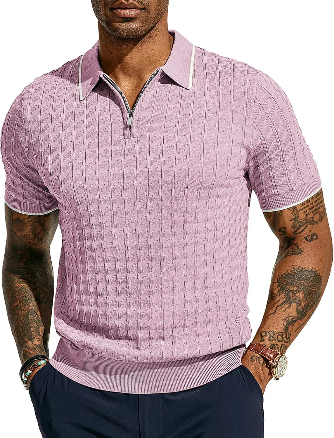 PJ PAUL JONES Men's Knit Polo Shirts Short Sleeve Quarter Zip Polo Shirt