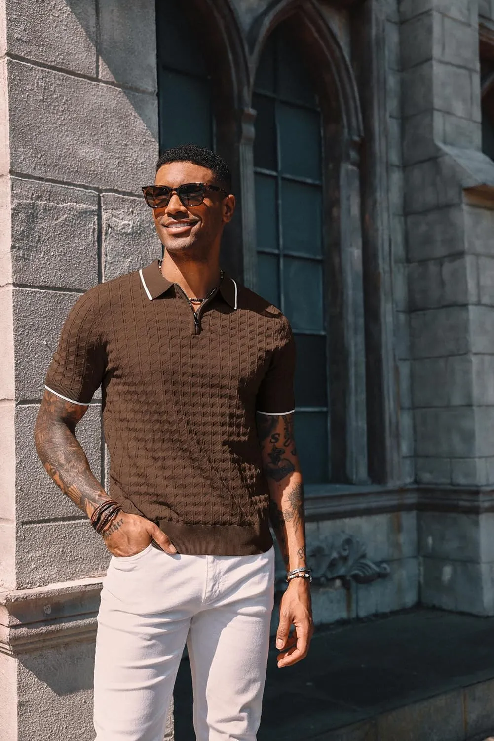 PJ PAUL JONES Men's Knit Polo Shirts Short Sleeve Quarter Zip Polo Shirt