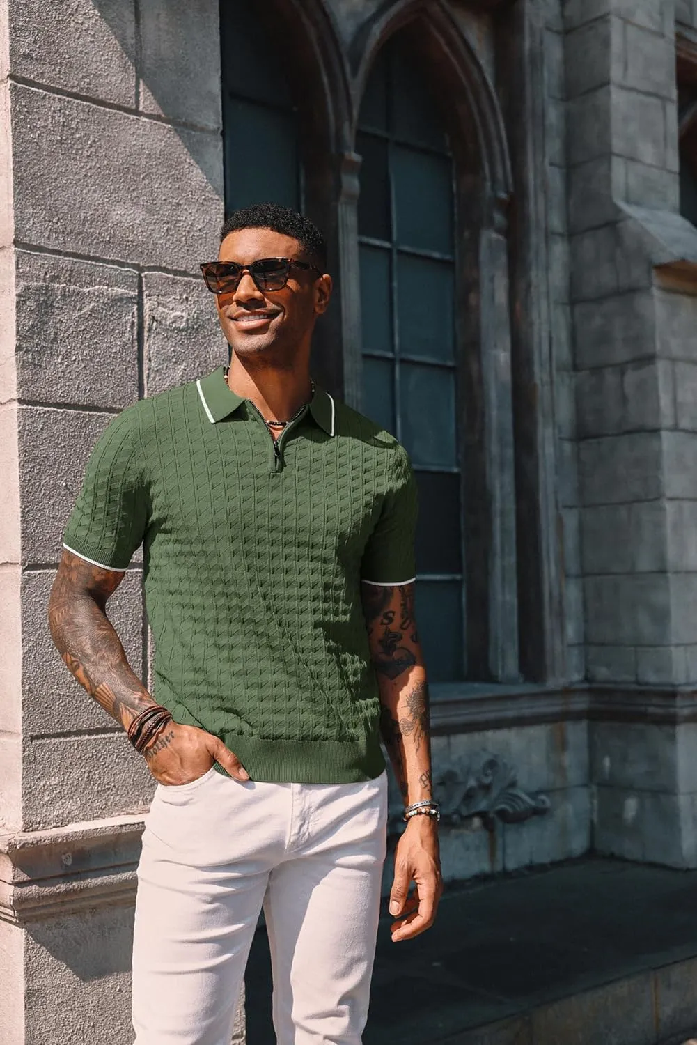 PJ PAUL JONES Men's Knit Polo Shirts Short Sleeve Quarter Zip Polo Shirt