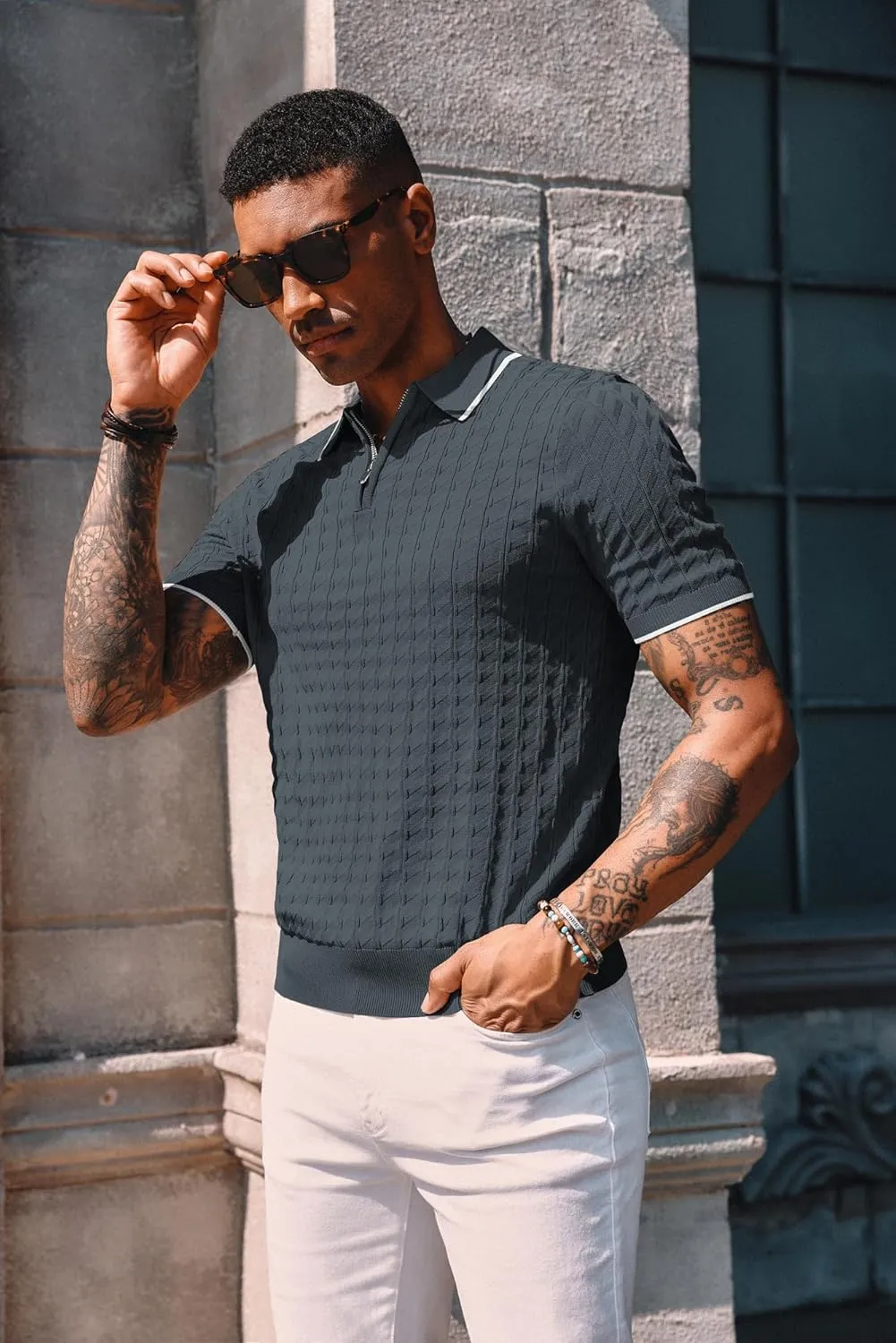 PJ PAUL JONES Men's Knit Polo Shirts Short Sleeve Quarter Zip Polo Shirt