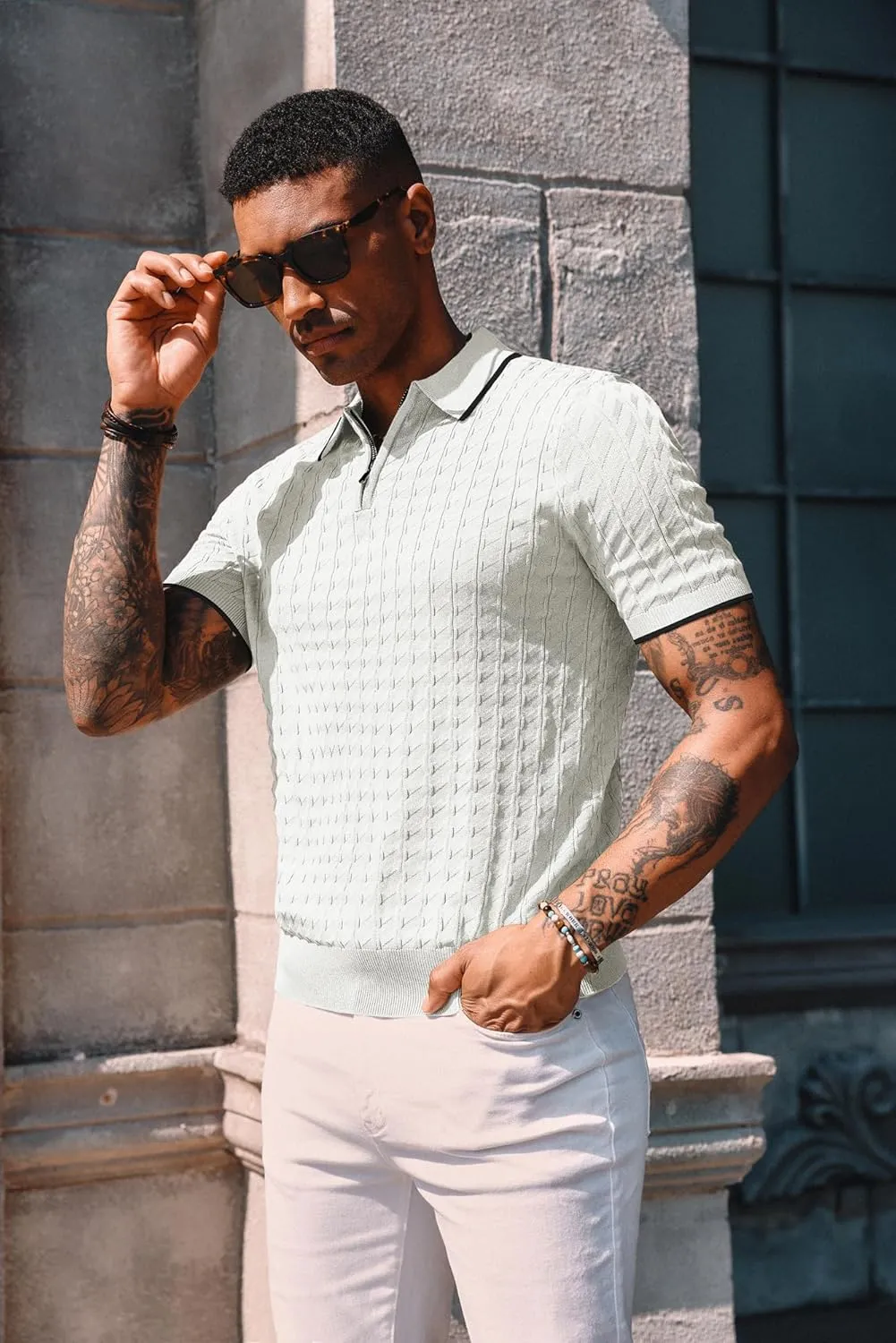 PJ PAUL JONES Men's Knit Polo Shirts Short Sleeve Quarter Zip Polo Shirt
