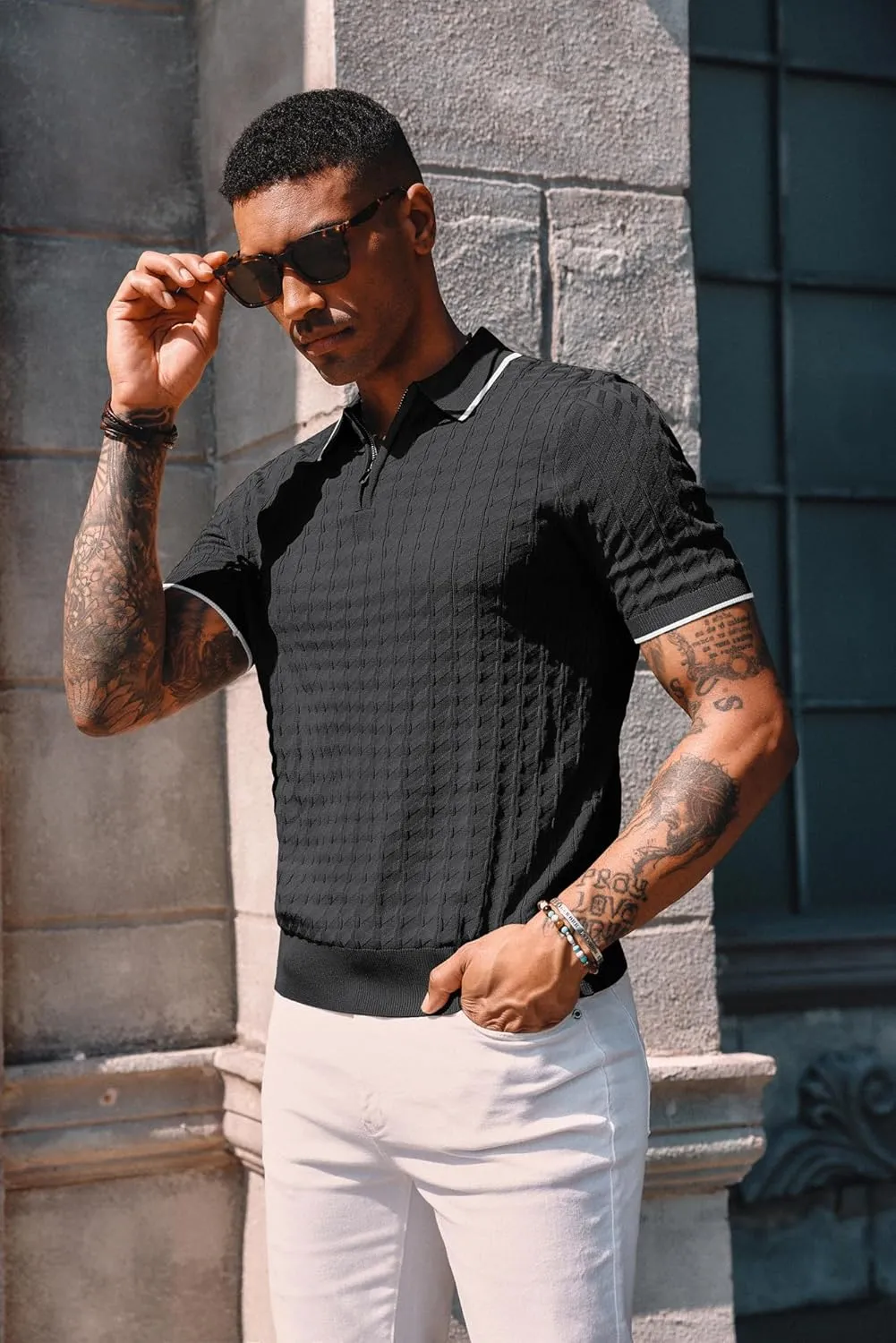 PJ PAUL JONES Men's Knit Polo Shirts Short Sleeve Quarter Zip Polo Shirt