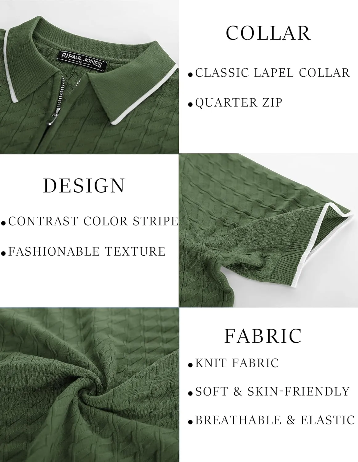 PJ PAUL JONES Men's Knit Polo Shirts Short Sleeve Quarter Zip Polo Shirt